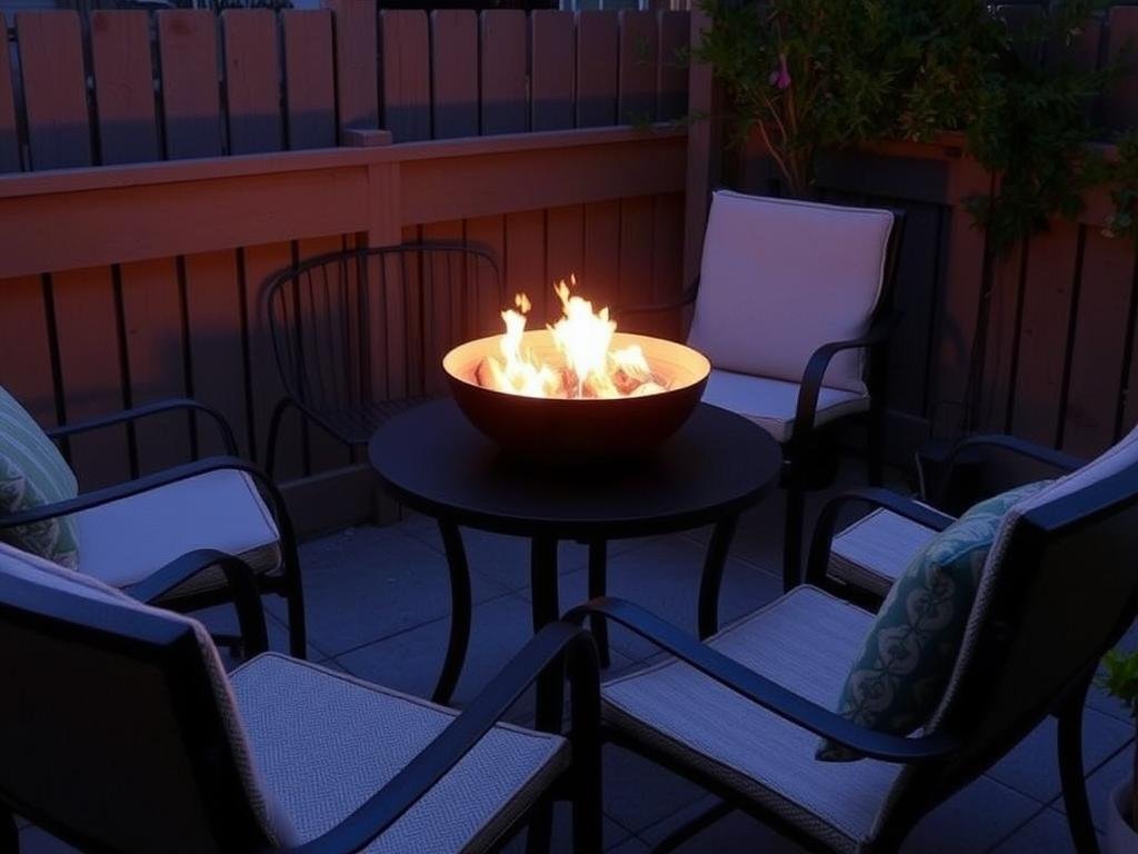 Small patio with tabletop fire bowl creating cozy atmosphere on a budget