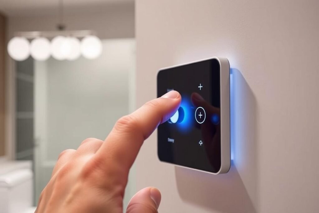 Smart dimmer switch controlling bathroom lighting