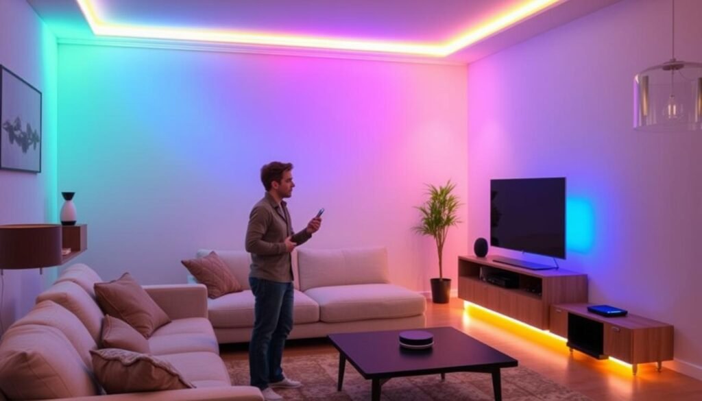 Smart home setup with LED strip lights controlled by voice assistant