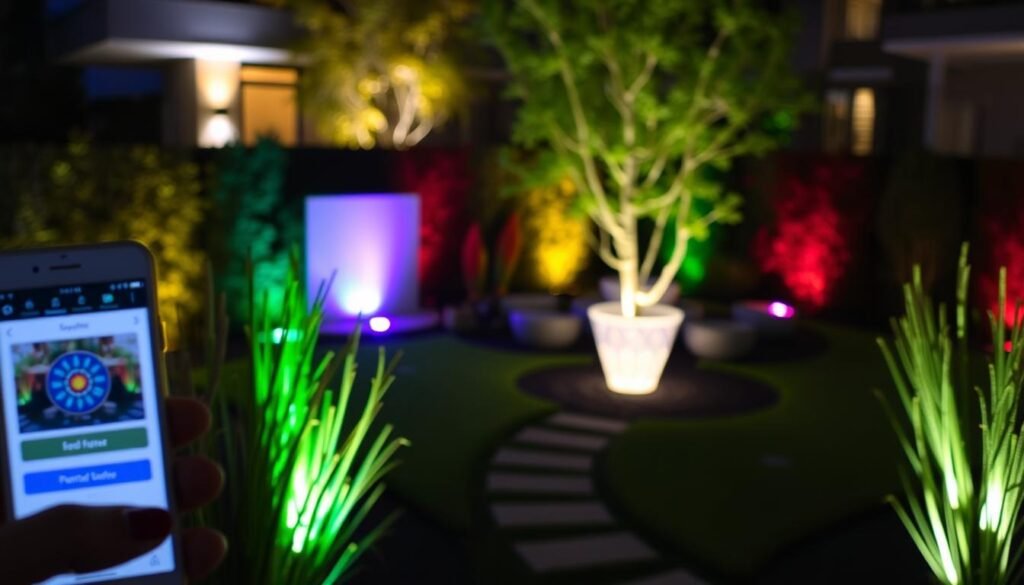 Smart landscape lighting system with color-changing capabilities illuminating a modern garden