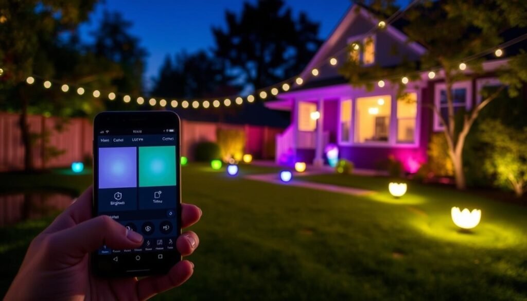 Smart outdoor lighting system controlled by smartphone app showing different color and brightness settings