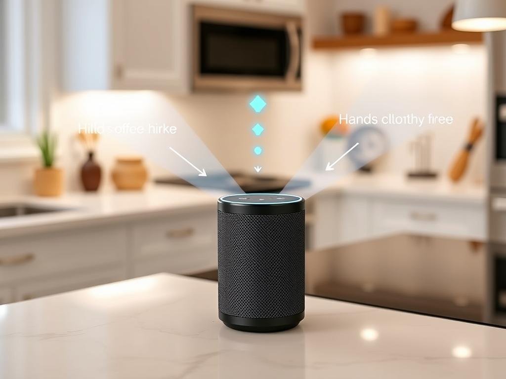 Smart speaker controlling kitchen lights via voice commands