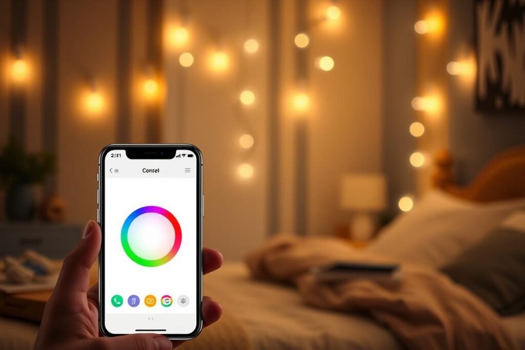 Smart string lights controlled by smartphone app in bedroom