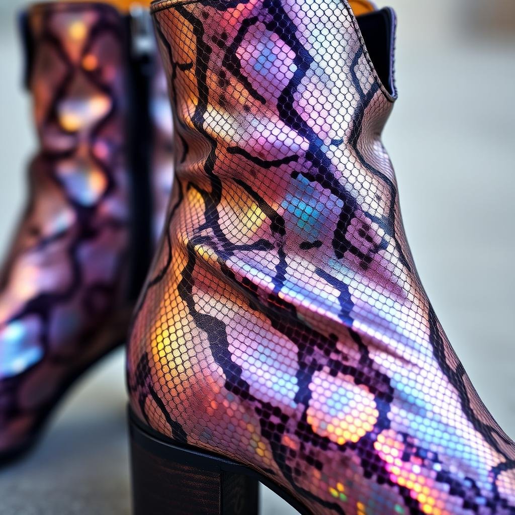 Snake print boots with metallic finish, demonstrating luxury funky shoes options