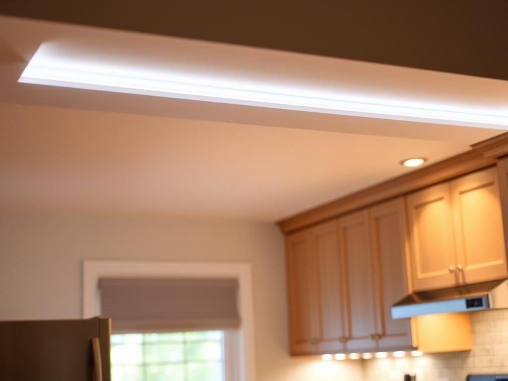Soft lighting installed on top of kitchen cabinets