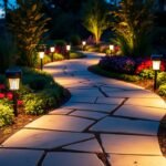 Solar lights illuminating a garden pathway at dusk, showing energy-efficient outdoor lighting