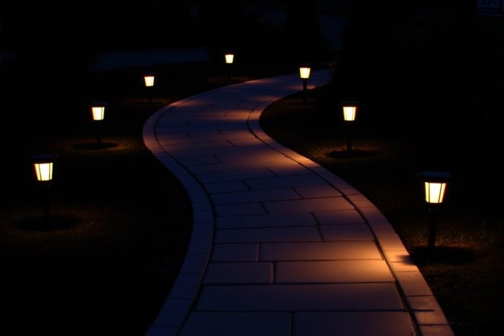 Solar path lights illuminating a curved garden walkway at dusk, creating safe passage and visual interest