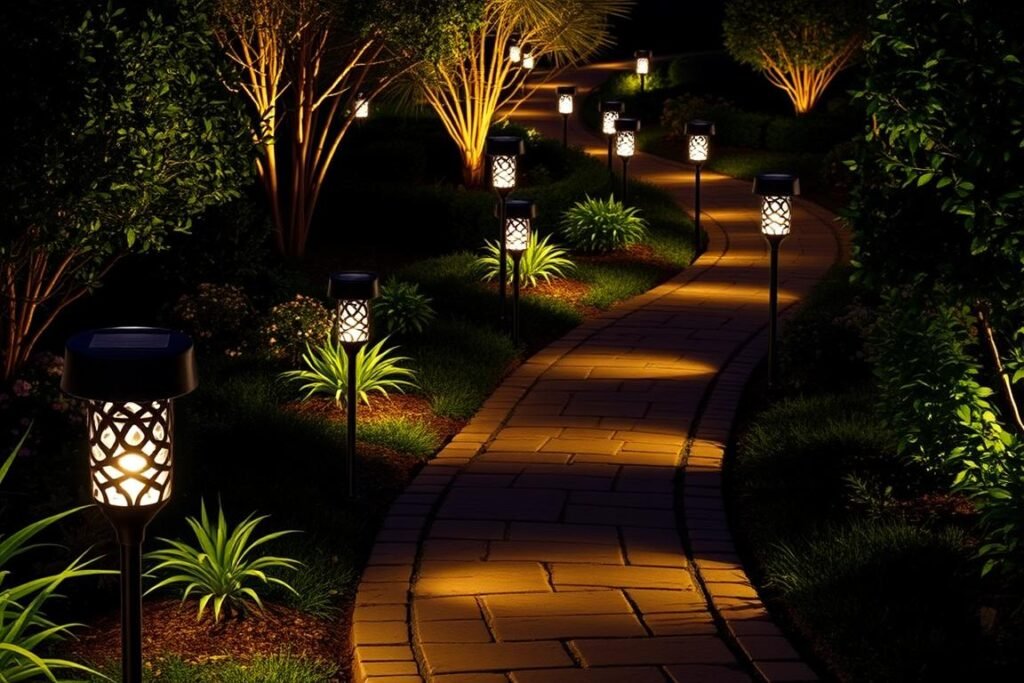 Solar path lights illuminating a garden walkway at night, showcasing solar lights ideas outdoor