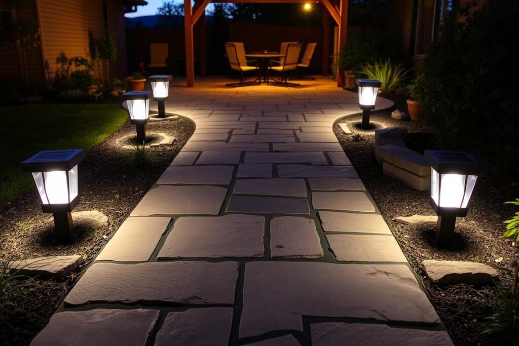 Solar path lights illuminating a stone walkway leading to a patio at dusk