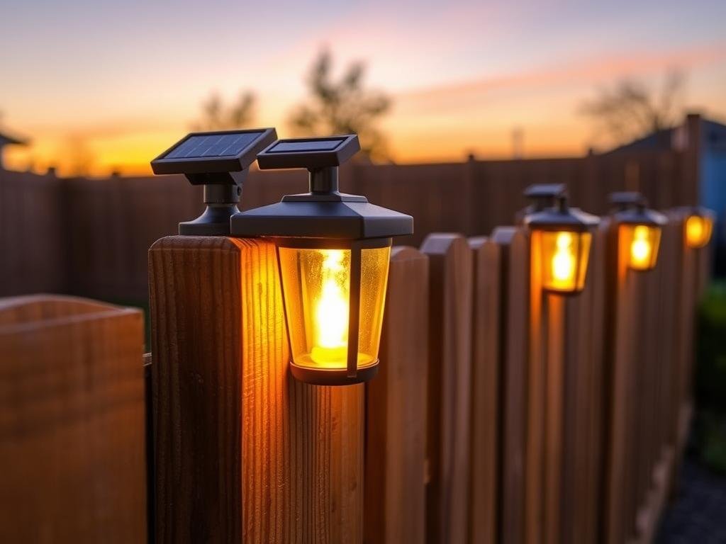 Solar post cap lights installed on a wooden fence at sunset, showing their warm glow