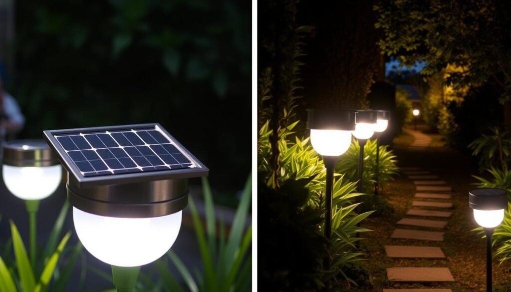 Solar-powered garden lights charging during daytime and illuminating a garden path at night