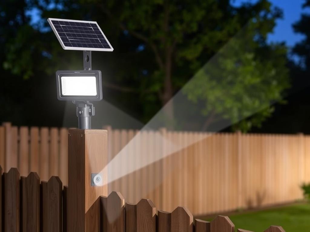 Solar-powered security floodlight mounted on a fence post illuminating a yard area