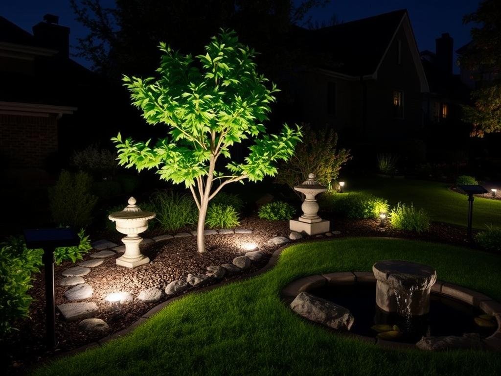 Solar spotlights highlighting garden features at night, demonstrating creative solar lights ideas outdoor