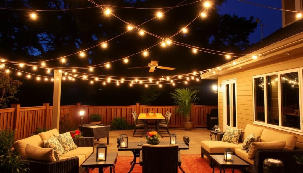 Solar string lights illuminating a patio with furniture at night, showing solar lights ideas outdoor for entertainment spaces