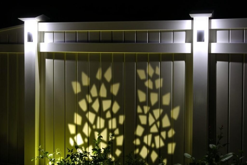 Solar wall-mounted lights installed on a vinyl fence, creating decorative light patterns