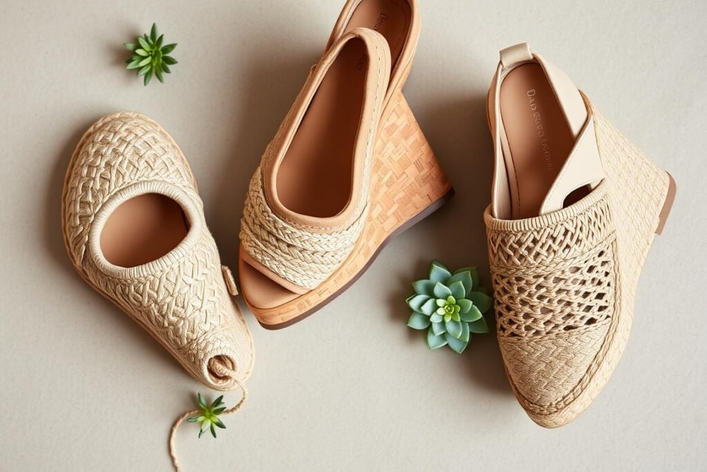 Spring shoes featuring natural materials like raffia, cork, and woven textures