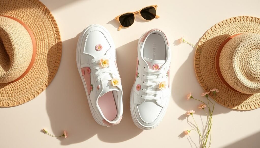 Spring sneakers in white, pastel colors, and with floral details arranged with spring accessories