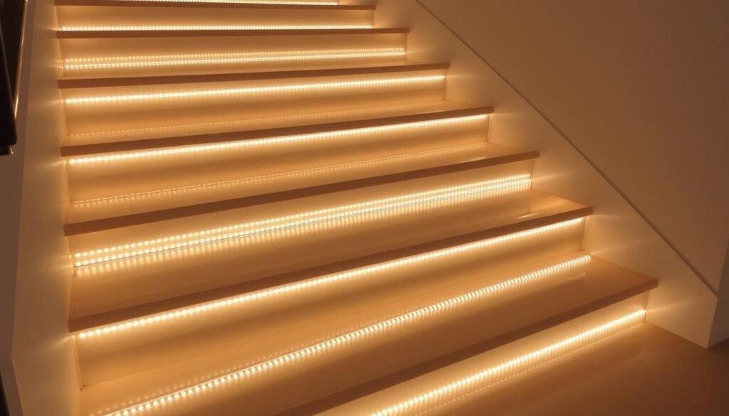 Staircase with LED strip lights installed under each step