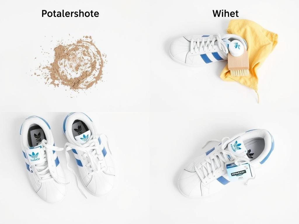 Step-by-step cleaning process for white Adidas shoes showing before and after results