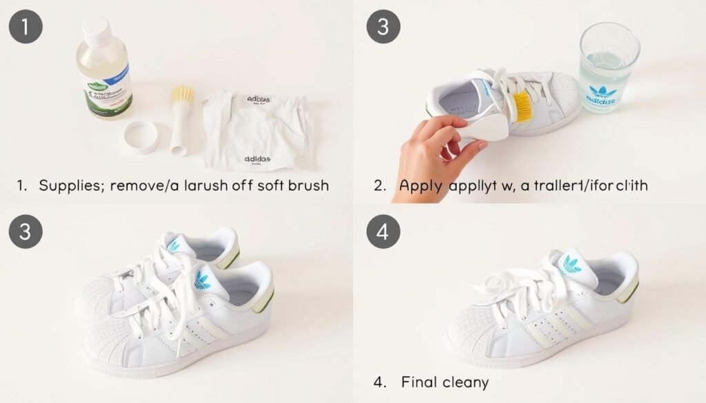 Step-by-step cleaning process for white Adidas shoes showing cleaning supplies and techniques for maintaining white adidas shoes