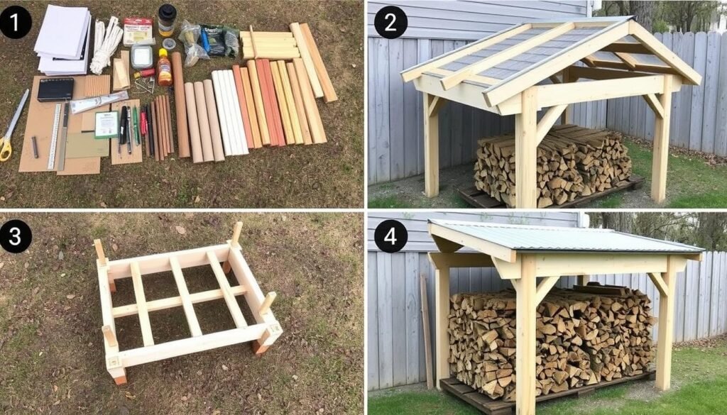 Step-by-step process of building a DIY covered firewood rack
