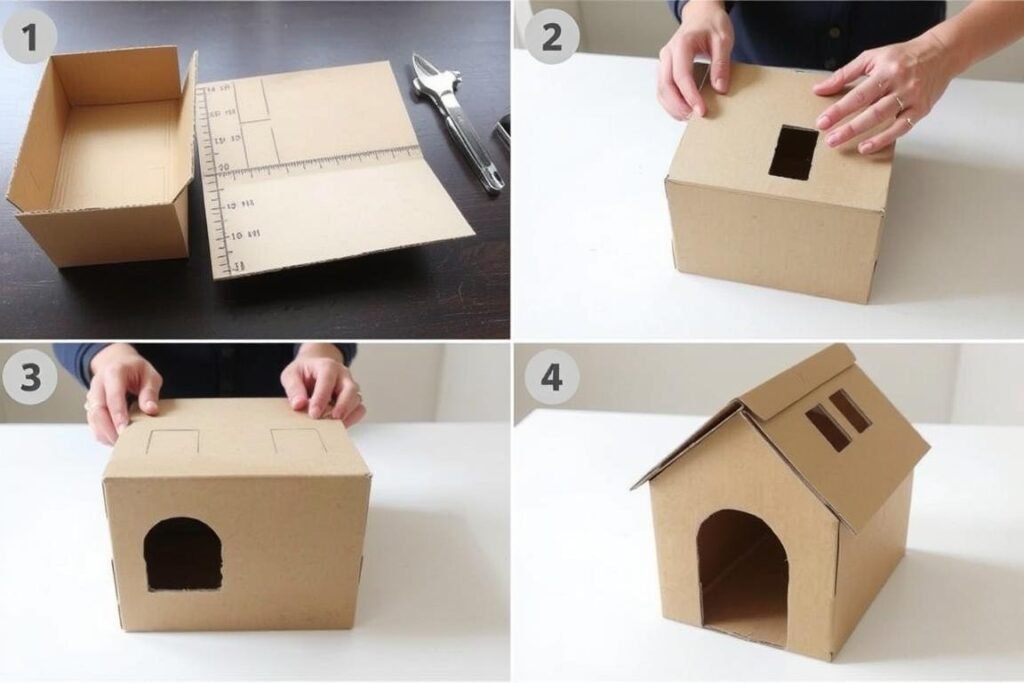 Step-by-step process of cutting and assembling a basic cardboard cat house