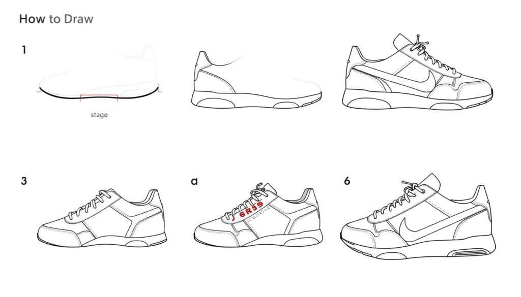 Step-by-step process of drawing a sneaker from basic shapes to detailed final drawing