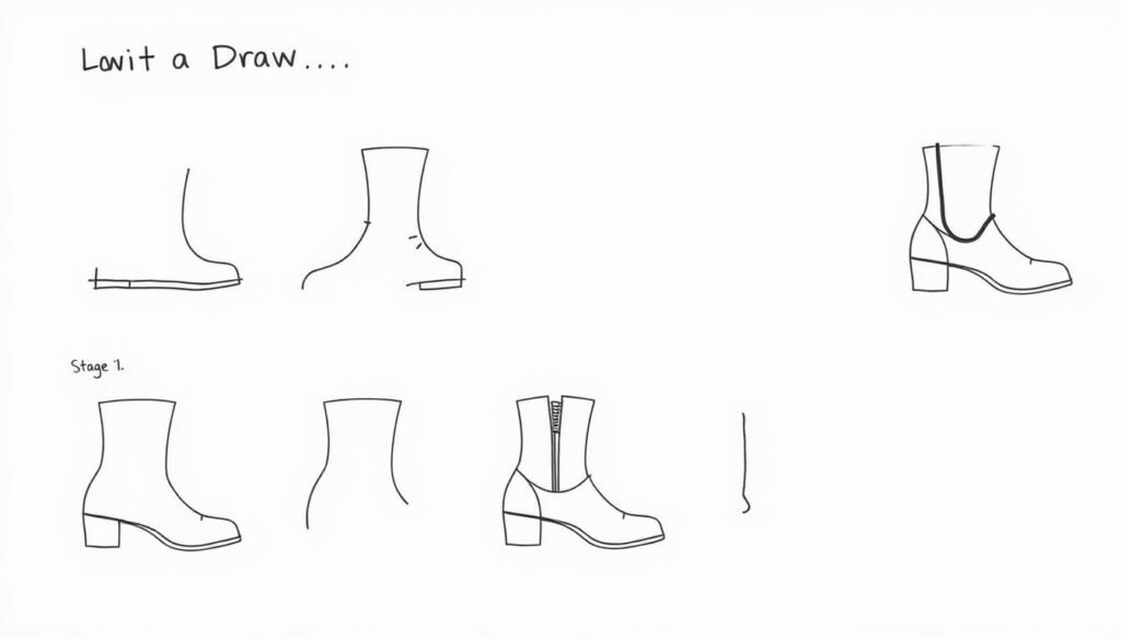 Step-by-step process of drawing boots from basic shapes to detailed final drawing