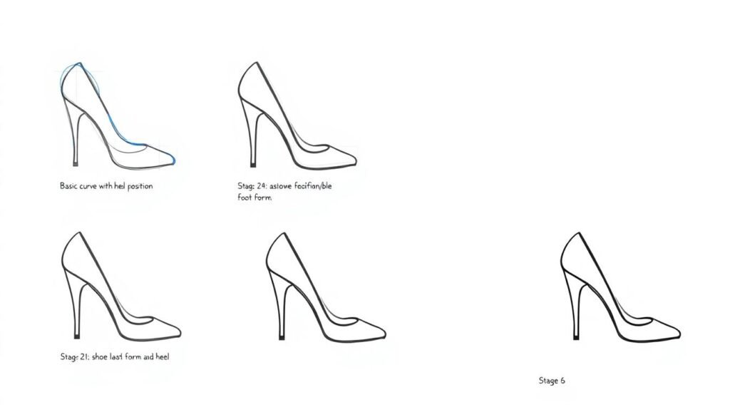 Step-by-step process of drawing high heels from basic shapes to detailed final drawing