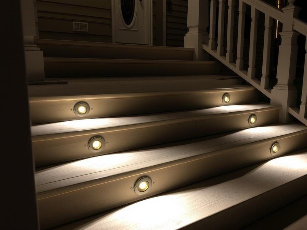 Step lights illuminating porch stairs for safety