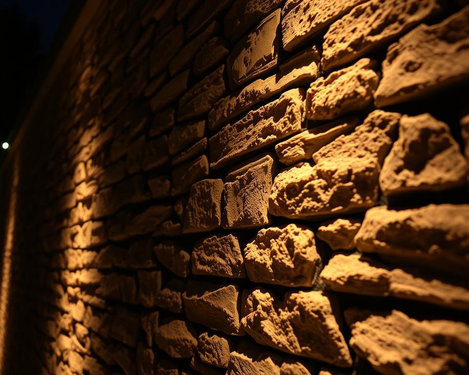 Stone wall with grazing light technique highlighting texture at night