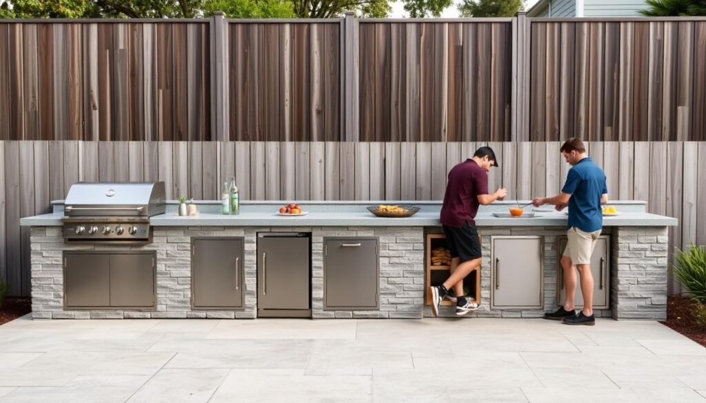 Straight line outdoor kitchen layout against a wall