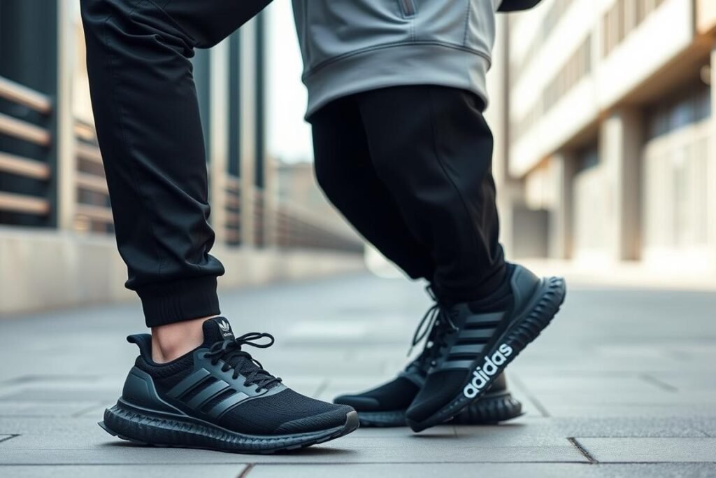 Street style outfit featuring adidas Ultraboost shoes with joggers and hoodie