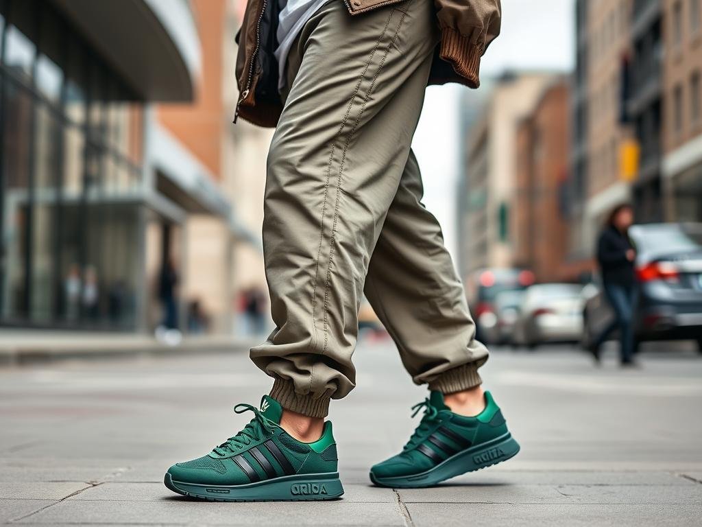 Street style outfit with green Adidas sneakers, cargo pants and oversized jacket