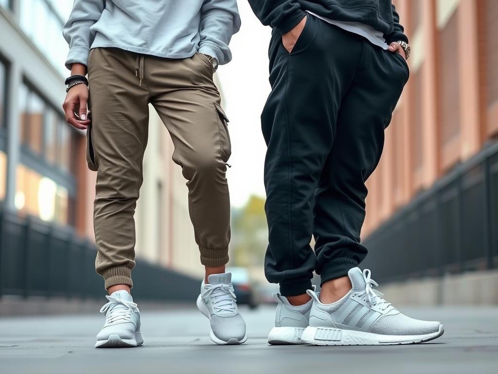 Streetwear outfit featuring white Adidas shoes paired with urban fashion elements, showing trendy white adidas shoes styling