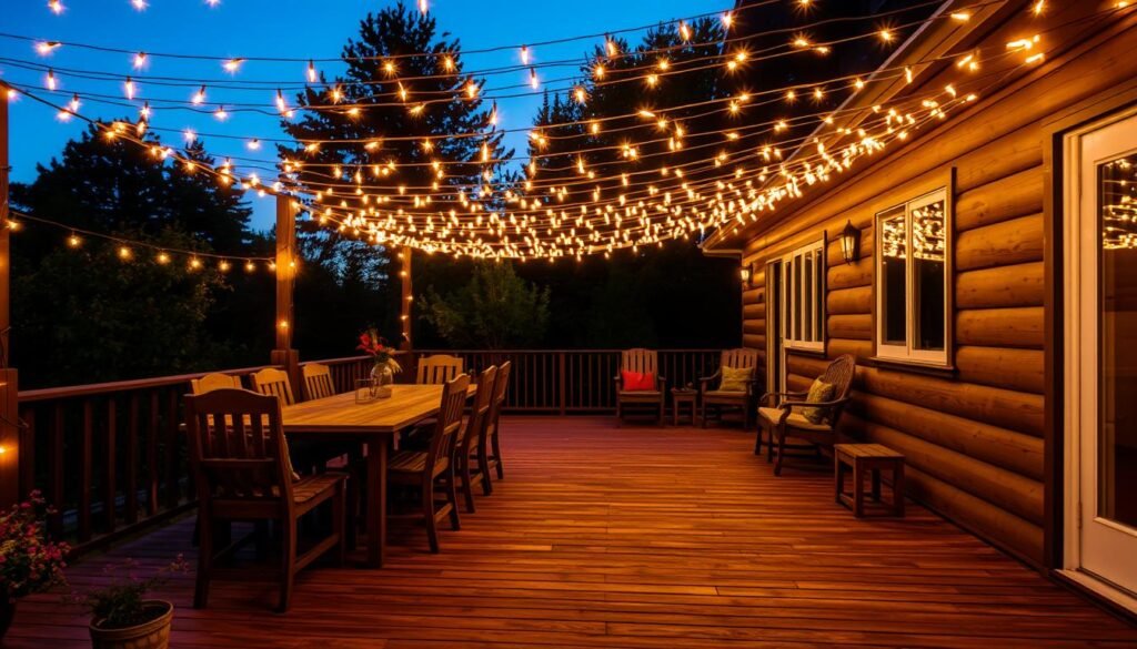 String lights creating a canopy over a deck dining area String lights creating a canopy over a deck dining area