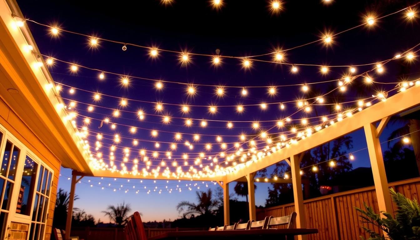 String lights creating a canopy over a patio dining area with wooden table and chairs under the warm glow of outdoor string lighting