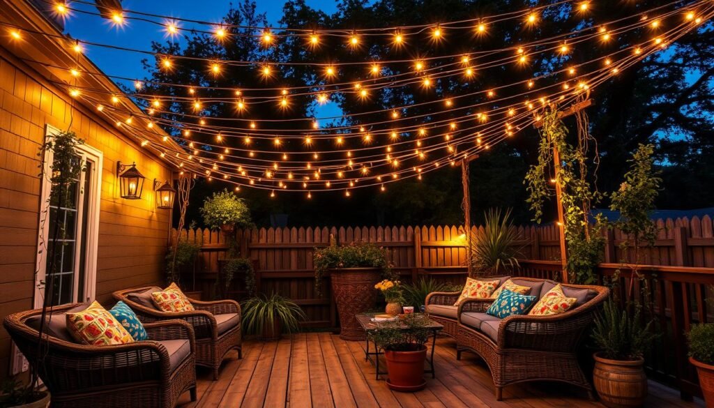 String lights creating a magical canopy over a boho outdoor patio