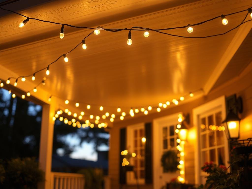 String lights creating ambiance on a front porch