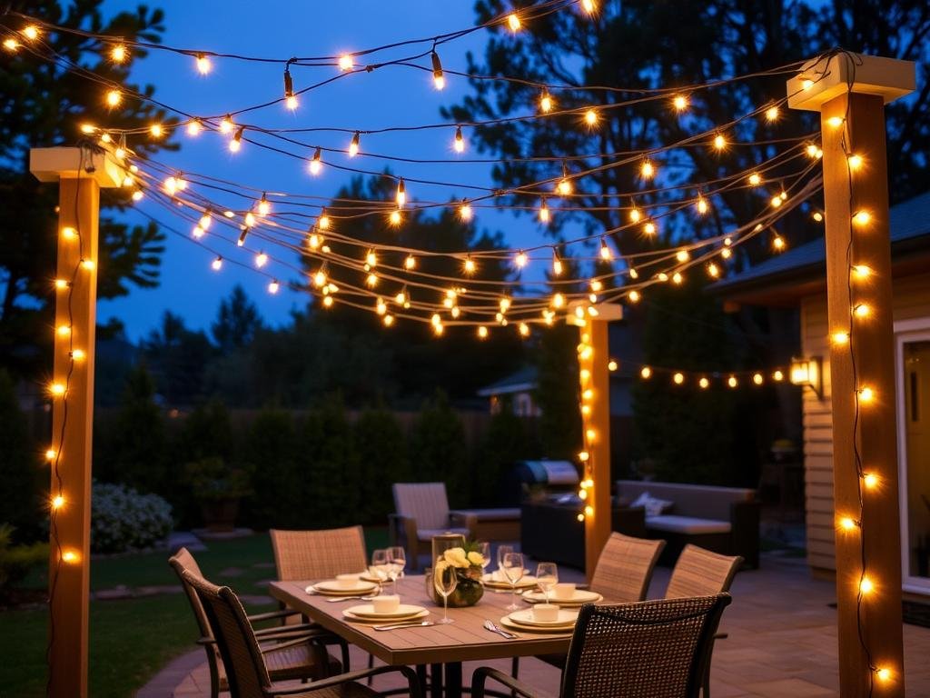 String lights crisscrossed over a patio dining area