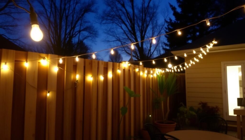 String lights draped along a wooden fence creating a magical evening ambiance for outdoor dining