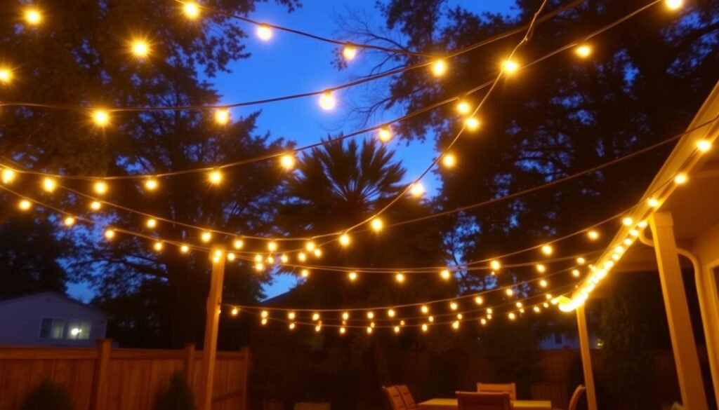String lights hanging across a backyard patio creating a warm, inviting atmosphere for evening gatherings