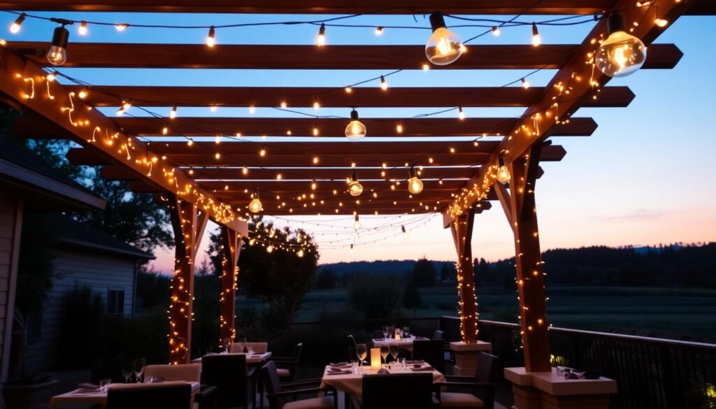 String lights hanging from a pergola roof over a patio dining area, creating a magical evening ambiance
