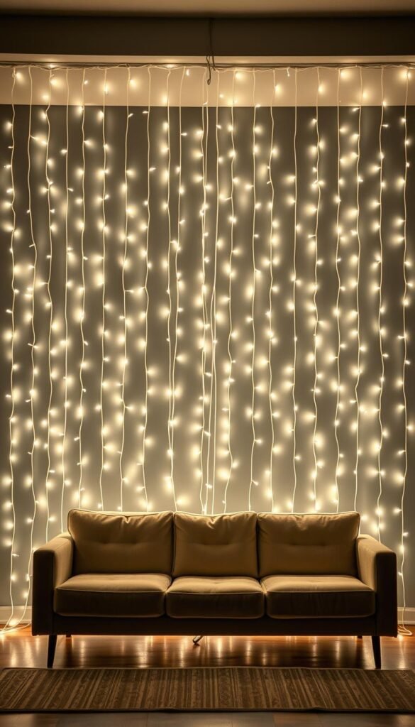 String lights hanging in a curtain formation behind a living room sofa, creating a magical wall of light