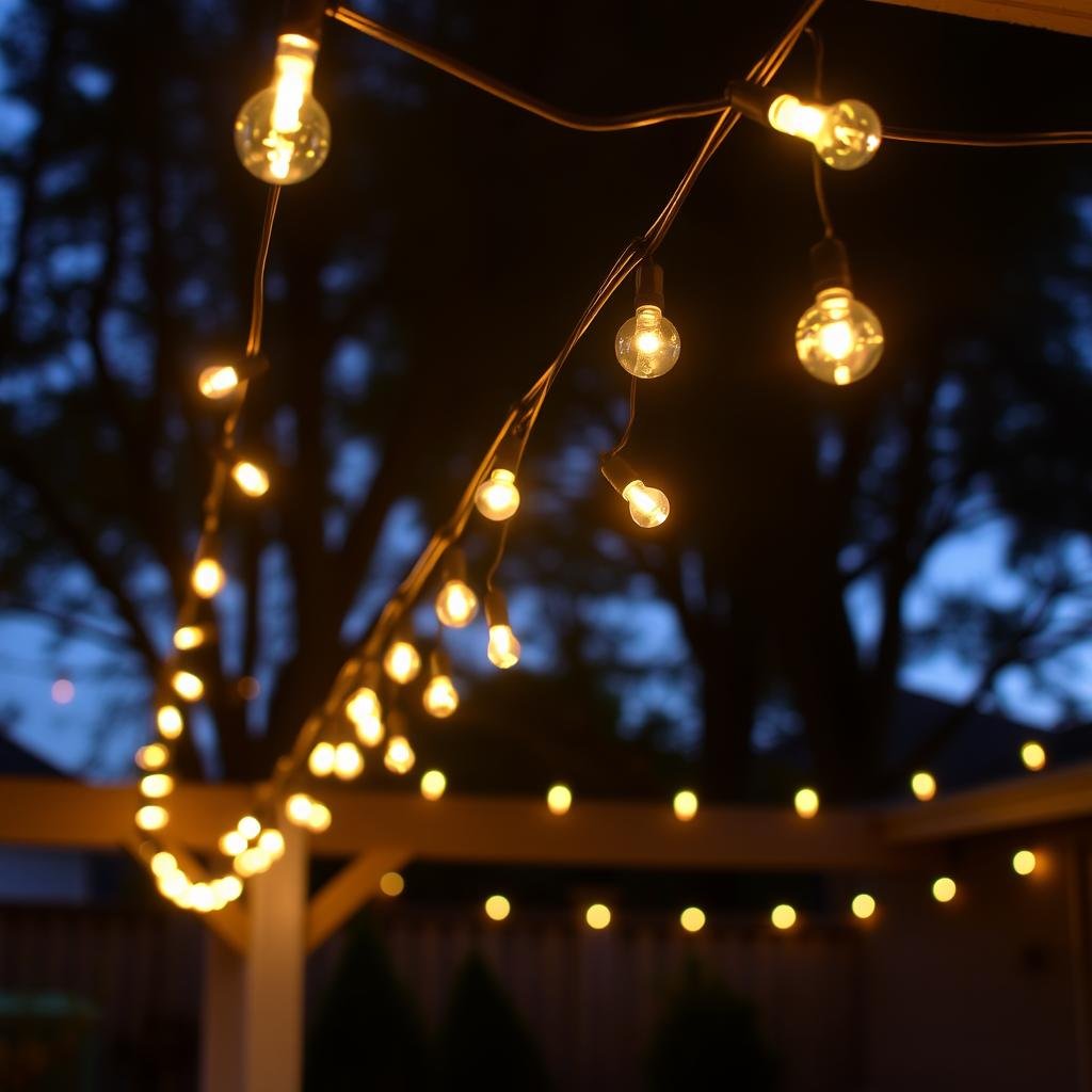 String lights hanging over a backyard patio creating a warm glow