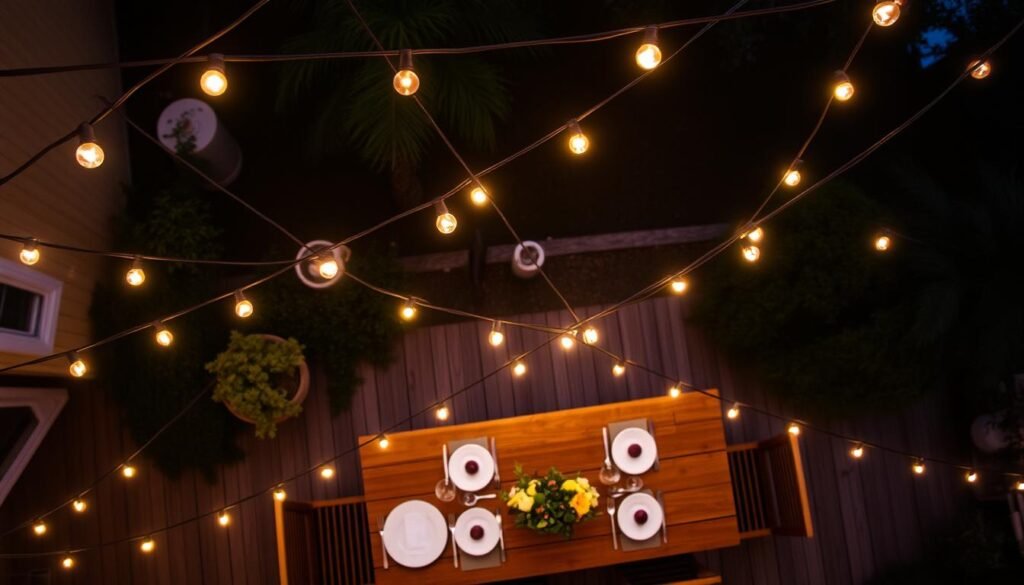 String lights outdoor creating a canopy over a dining area
