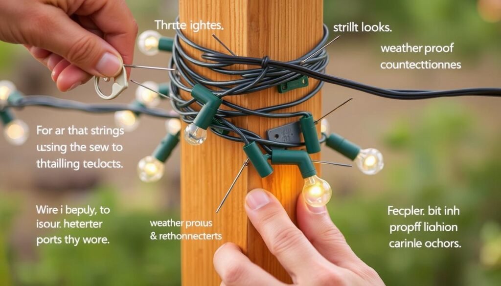 String lights outdoor installation showing proper mounting techniques