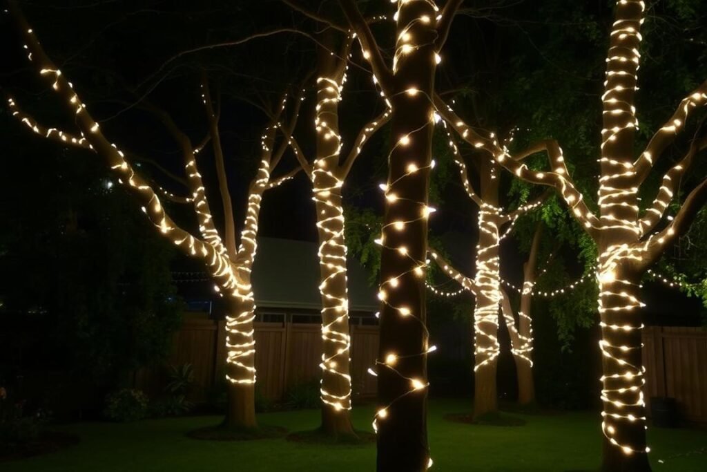 String lights outdoor wrapped around trees creating an enchanted garden effect