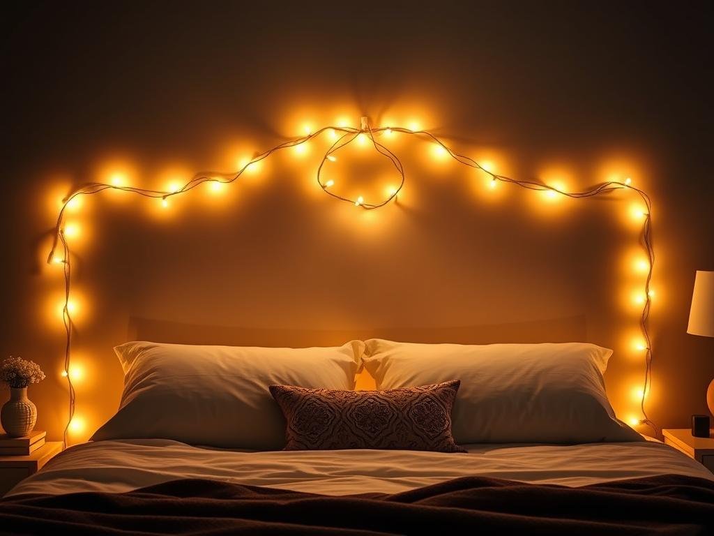 String lights outlining a bedroom headboard for a warm glow