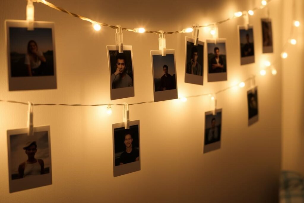 String lights with clips holding photos in a bedroom display